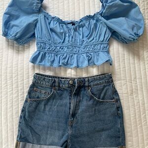 Forever 21 Blue Ruffled Crop Blouse